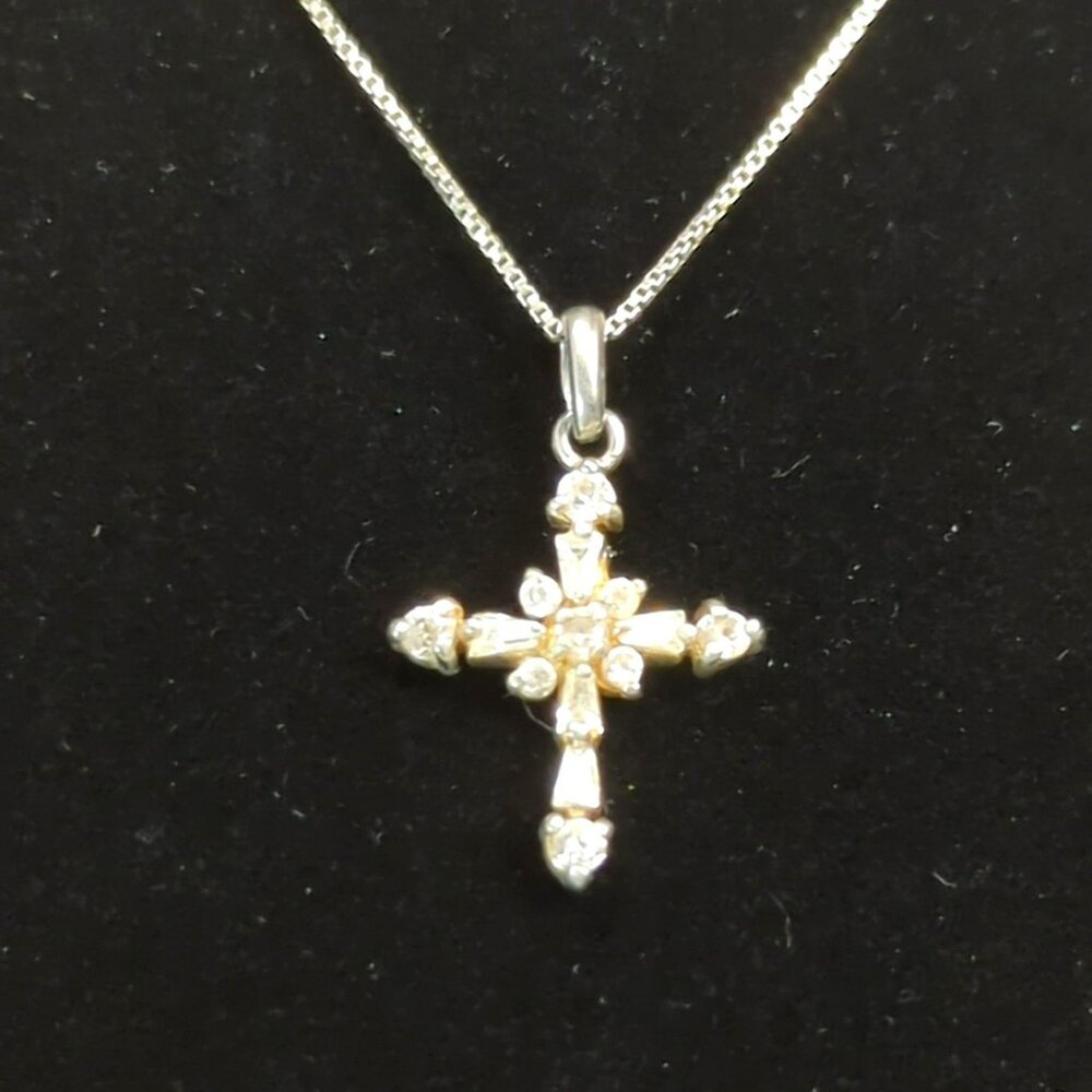 Vintage Sterling Silver Necklace With Crystal Cross Pendant 19" Made in Italy